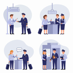 Professional airline and airport staff illustrations: pilots, flight attendants, and ground crew collaborating on check-in, security, and operational procedures for travel.