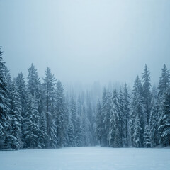 Snow covered evergreen trees in a misty winter forest landscape