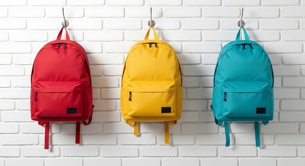 Three vibrant red, yellow, and turquoise backpacks hanging neatly on hooks against a textured white brick wall, school or travel concept.