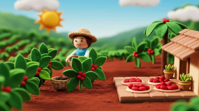 A charming stop motion animation of a clay farmer harvesting ripe coffee beans on a sunny miniature plantation