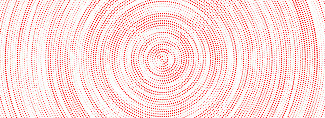 Red halftone concentric circle background. Dotted radial gradient texture. Rippled sonic wave ring wallpaper. Vector rasterized rough backdrop for epicenter, target, radar signal, vibration concept