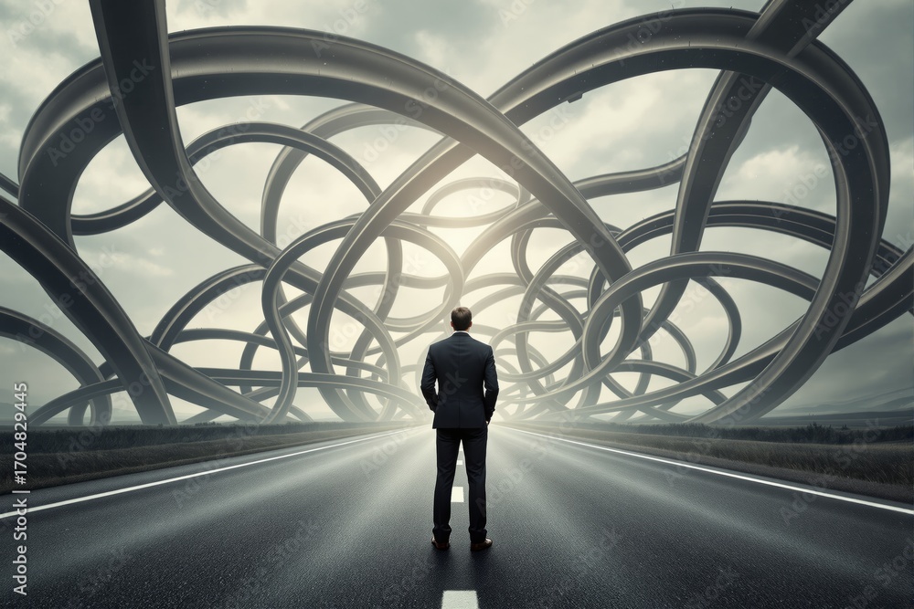 Poster businessman facing tangled highways on empty road symbolizing complex decisions and confusion in fut