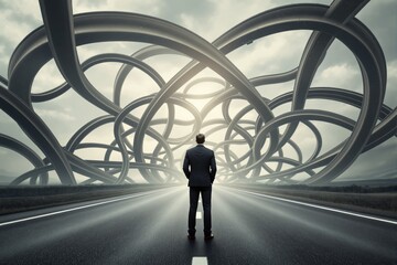 Businessman facing tangled highways on empty road symbolizing complex decisions and confusion in futuristic conceptual landscape at dawn light. Ai generative