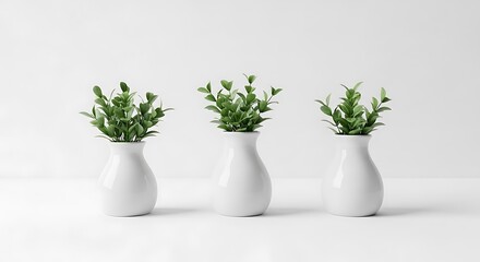 Fototapeta premium Three green plants in minimalist white ceramic vases on a clean white background, home decor and growth concept