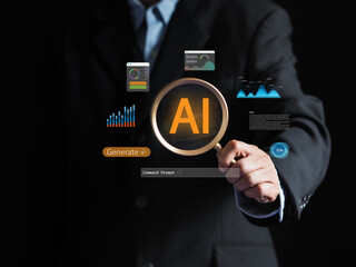 Businessman using a magnifying glass to analyze AI-powered data analytics on a virtual dashboard. Concept of business intelligence (BI), financial analysis, and technology for strategic planning.