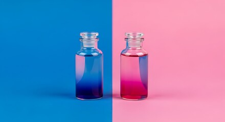 Two vintage-style glass bottles with stoppers, filled with blue and pink liquids, on a bold split color background