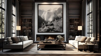 Sophisticated living room with mountain view artwork enhancing elegant interior