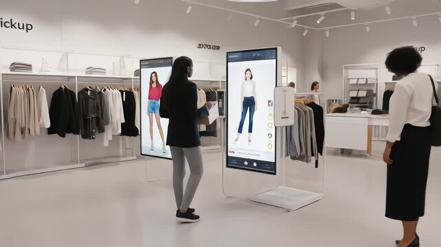 A futuristic clothing store enhances the shopping experience with interactive smart mirrors, virtual try-on, and seamless pickup stations