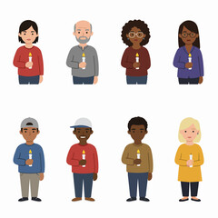 Diverse group of people holding lit candles, symbolizing unity, hope, peace, and remembrance in a simple illustration style.