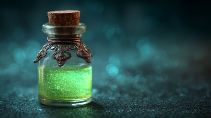 Glass vial containing luminescent green magical brew. Ornate cork stopper. Dark mystical background