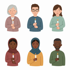 Diverse individuals from various backgrounds holding lit candles, representing unity, hope, and remembrance in a peaceful community.