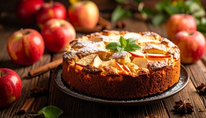 A rustic apple pie on a dark plate