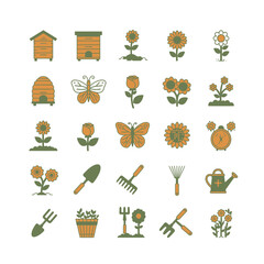 Colorful Garden Icons Bees Butterflies Flowers and Tools.