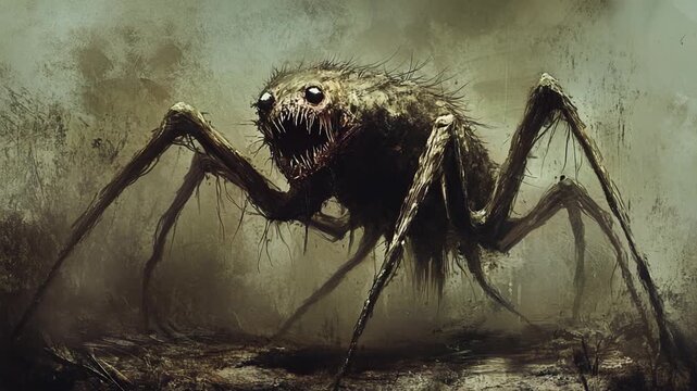 Large, monstrous spider lurking in a dark, eerie setting