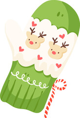 Green Christmas Mitten with Reindeer and Hearts