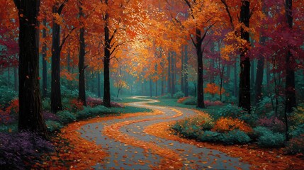 Fototapeta premium Serene Autumn Pathway Through Vibrant Colorful Forest Landscape
