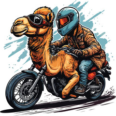 Funny camel and rider on a motorcycle with sunglasses and helmet