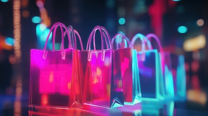 A row of shopping bags glowing with neon lights in a dark and blurred city background at night time
