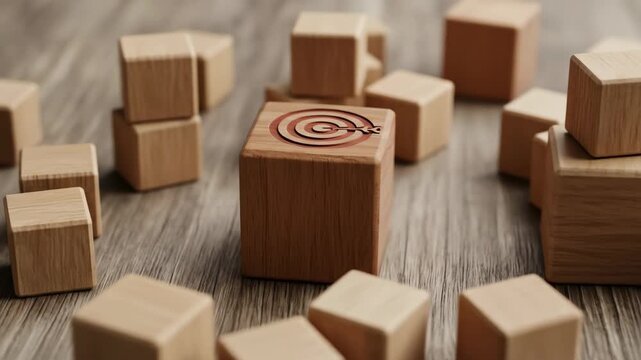 Wooden target block among scattered cubes on a wood surface