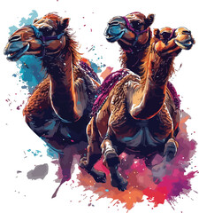 Two camels in a vibrant splash of colorful paint
