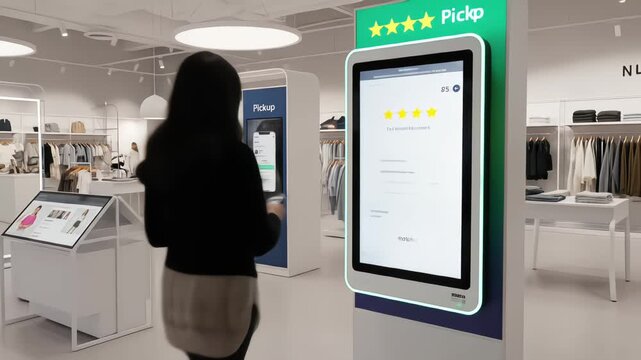 A futuristic clothing store enhances the shopping experience with interactive smart mirrors, virtual try-on, and seamless pickup stations