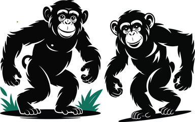 Cute cartoon chimpanzee ape with green leaves and grass