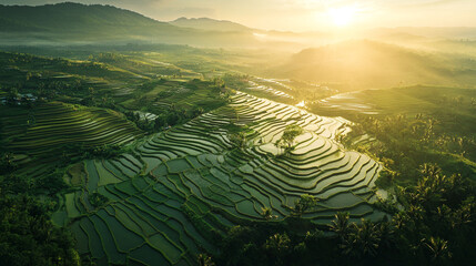 Sunrise Over Lush Green Rice Terraces