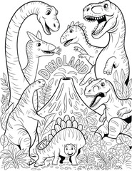 A group of cartoon dinosaurs gathered around a volcano in a prehistoric landscape