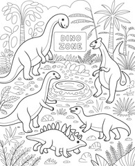 Dinosaur coloring page with various prehistoric creatures in a jungle setting