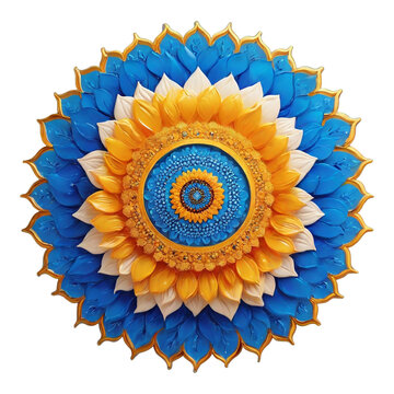 Blue and Yellow Flower Mandala with White Petals on White Background floral