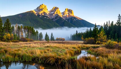 Scenic Mountain Landscape with Fog and Stream in Canmore, Alberta.
