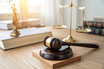 Wooden gavel, golden justice scales, and legal books beside laptop on office desk. Symbolizing law, courtroom judgement, lawyer services, contracts, legislation, corporate justice, online legal.