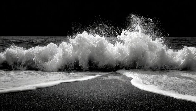 Powerful wave crashing on dark sand beach