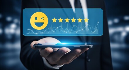 Businessman holding smartphone displaying customer satisfaction graph with five-star rating and happy emoji