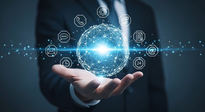 Professional businessman holds glowing digital network globe with service icons, symbolizing global connectivity and communication.