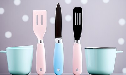 Colorful Kitchen Utensils and Cookware in Pastel Tones with Fun Polka Dot Background