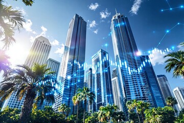 Futuristic business district skyline with digital stock market graph overlay concept in sunny tropical urban environment with palm trees and blue sky. Ai generative