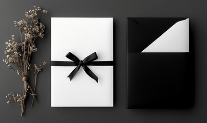 Elegant Black and White Stationery Mockup with Flowers, Pen, and Gift Box in Minimalist Flat Lay