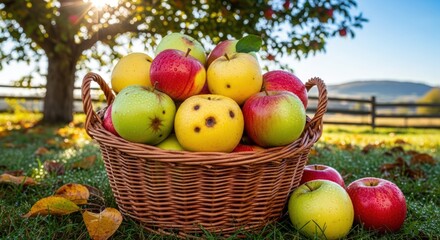 A rustic wicker basket overflowing with freshly picked red, green, and yellow apples sits on a grassy lawn in a sunlit autumn orchard.