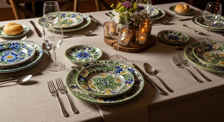 Elegant table setting with floral patterned plates and silverware.