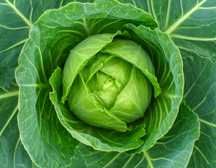 Obraz premium Fresh Green Cabbage Head Close-Up: Vibrant Leaves and Healthy Vegetable