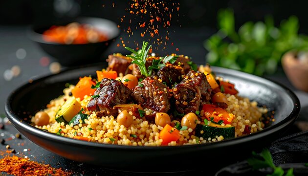 A culinary concept of authentic North African cuisine, showcasing a savory beef tagine with vegetables and couscous, finished with a sprinkle of aromatic spices