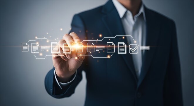 Professional businessman interacts with digital workflow, optimizing processes for modern business success.