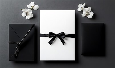 Elegant Black and White Stationery Mockup with Flowers, Pen, and Gift Box in Minimalist Flat Lay