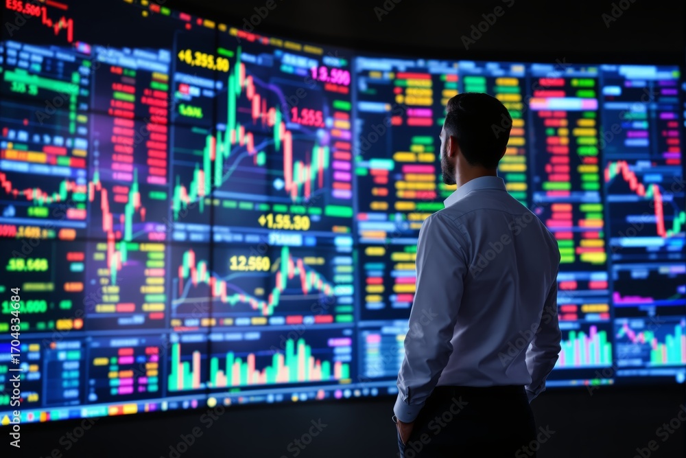 Poster businessman analyzing colorful stock charts and financial data on large digital screens in a modern 