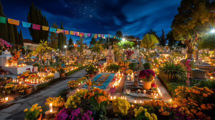Obraz premium Beautiful Dia de los Muertos cemetery decorated with marigold flowers, candles, papel picado, and traditional offerings to honor ancestors during Mexican cultural festival