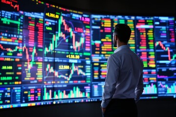 Fototapeta premium Businessman analyzing colorful stock charts and financial data on large digital screens in a modern office environment. Ai generative. Ai generative