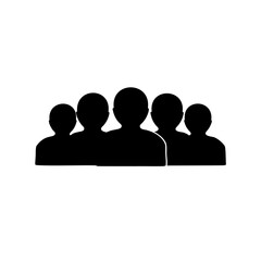 Simple black and white graphic illustration of a group of five people