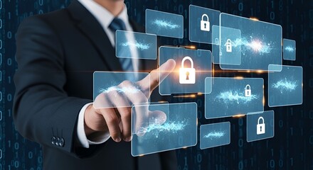 Professional businessman interacts with futuristic digital security interface, protecting data