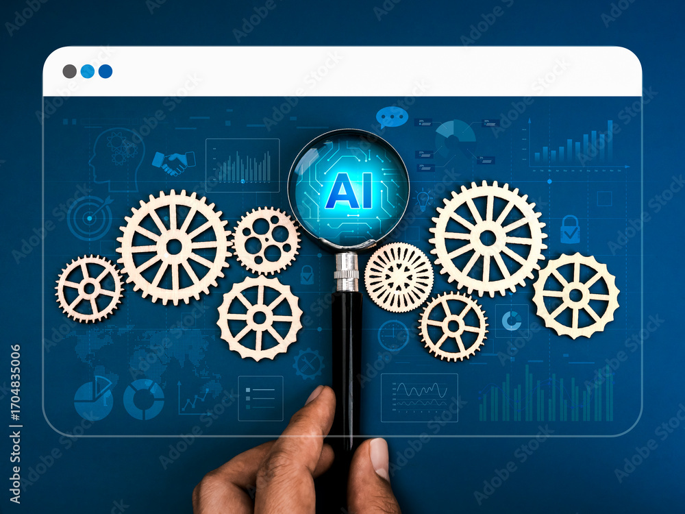 Fototapete ai technology workflow management concept with magnifying glass highlighting ai text among wooden ge